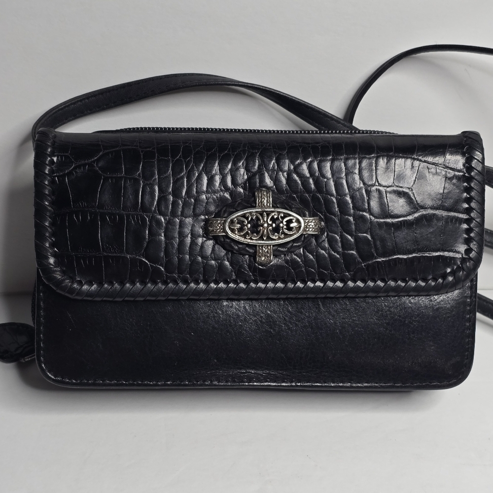 Vintage Brighton Black Croc Embossed Leather Bag Crossbody